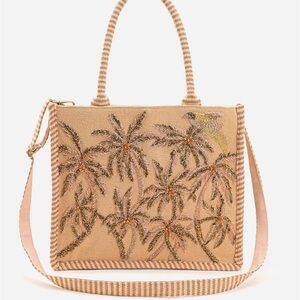 Beaded Palm Tree Tote Bag in Beige